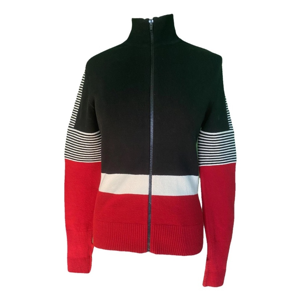 Moschino Cheap & Chic 90s wool blend ribbed apres ski red black cardigam sweater